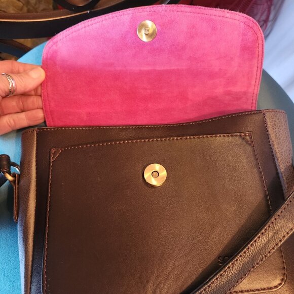 SORUKA ~ Leather Small Purse Crossbody ~ RECYCLED Leather ~ Brown & Orange ~ EUC - Picture 2 of 4